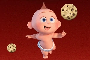 En lykkelig, animert baby med hårtopper, ikledd bleie, nærmer seg flytende sjokoladekjeks mot en rød bakgrunn