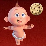 En lykkelig, animert baby med hårtopper, ikledd bleie, nærmer seg flytende sjokoladekjeks mot en rød bakgrunn