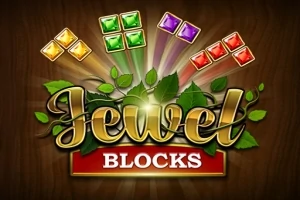 Dekorative ordet Jewel Blocks med fargerike juvelblokker og grønne blader i bakgrunnen