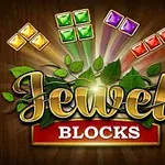 Dekorative ordet Jewel Blocks med fargerike juvelblokker og grønne blader i bakgrunnen