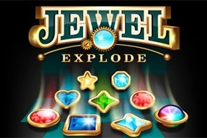 Teksten Jewel Explode med flere fargerike juveler i ulike fasonger under