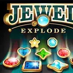 Teksten Jewel Explode med flere fargerike juveler i ulike fasonger under