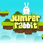 En tegneseriekanin sitter på en flytende, gressdekket plattform med ordene Jumper Rabbit foran en bakgrunn av blå himmel og flygende fugler
