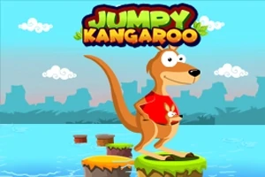 En tegneseriekenguru med rød t-skjorte står på flytende plattformer på vannet, omgitt av bakgrunn med skyer og bysilhuett, under teksten Jumpy Kangaroo