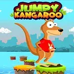 En tegneseriekenguru med rød t-skjorte står på flytende plattformer på vannet, omgitt av bakgrunn med skyer og bysilhuett, under teksten Jumpy Kangaroo