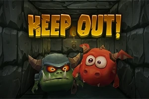 To tegneserieaktige monstre i en steinbelagt gang med teksten Keep Out!