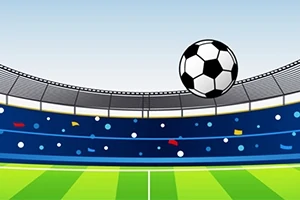 Fotball med sort-hvitt mønster svever over en stadion med grønne gressbaner og blå tribuner