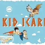 Tegneseriefigur med vinger flyr sammen med fuglelignende skapninger i en himmel bakgrunn med skyer, søyle og en rød ballong, med teksten KID ICARUS