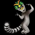 En animert lemur med en fargerik kongekrone danser mot en svart bakgrunn