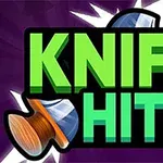 Logo med teksten KNIFE HIT 2 i grønne og røde bokstaver, med en tegnet kniv i bakgrunnen
