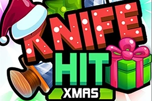 Teksten Knife Hit Xmas i lyse farger, omgitt av juletemaelementer som en nisselue og gave