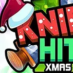 Teksten Knife Hit Xmas i lyse farger, omgitt av juletemaelementer som en nisselue og gave