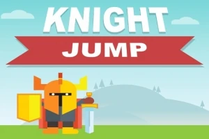 En tegneserieaktig ridder med et skjold og sverd står foran en banner med teksten KNIGHT JUMP mot en bakgrunn av blå himmel og fjell