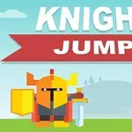 En tegneserieaktig ridder med et skjold og sverd står foran en banner med teksten KNIGHT JUMP mot en bakgrunn av blå himmel og fjell