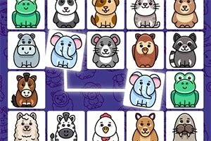 Livlige tegneserieikoner av forskjellige dyr som hamster, katt, elefant og frosk på et rutemønster med lilla bakgrunn