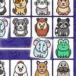 Livlige tegneserieikoner av forskjellige dyr som hamster, katt, elefant og frosk på et rutemønster med lilla bakgrunn