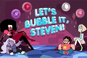 Fire tegneseriefigurer sitter i et rom med store, fargerike krystaller på veggene, med teksten LETS BUBBLE IT, STEVEN!