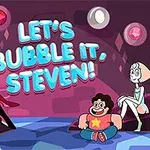 Fire tegneseriefigurer sitter i et rom med store, fargerike krystaller på veggene, med teksten LETS BUBBLE IT, STEVEN!