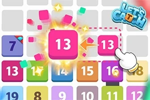 Et fargerikt rutenett med tall, hvor tallet 13 er fremhevet i rosa, omgitt av en animering av stjerner og klosser, med en peker mot en tilsvarende rosa boks med tallet 13