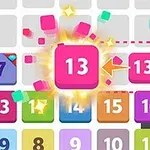 Et fargerikt rutenett med tall, hvor tallet 13 er fremhevet i rosa, omgitt av en animering av stjerner og klosser, med en peker mot en tilsvarende rosa boks med tallet 13