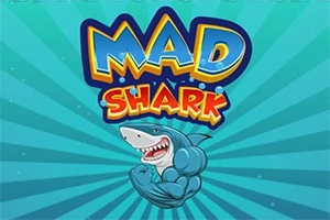 Tegneseriefigur av en muskuløs hai med teksten MAD SHARK på blå bakgrunn med strålemønster