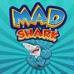 Tegneseriefigur av en muskuløs hai med teksten MAD SHARK på blå bakgrunn med strålemønster