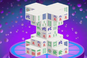 3D-struktur av stablede mahjong-brikker med kinesiske tegn på en fargerik lilla bakgrunn med boble-effekt