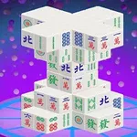 3D-struktur av stablede mahjong-brikker med kinesiske tegn på en fargerik lilla bakgrunn med boble-effekt