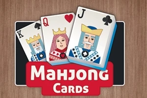 Tre spillkort med konge, dronning og knekt over en rød banner med teksten Mahjong Cards