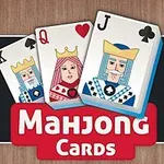 Tre spillkort med konge, dronning og knekt over en rød banner med teksten Mahjong Cards