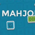 Blå bakgrunn med ordet MAHJONG i store bokstaver og små fliser med digitale mønstre rundt