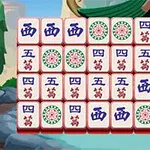 Et brett med mahjong-brikker med kinesiske tegn og symboler, plassert foran et asiatisk-inspirert landskap med en bygning og en hage