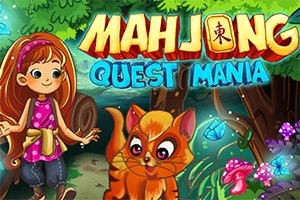 En tegneserieillustrasjon av en jente og en katt i en skog med glødende sopper og sommerfugler, med teksten Mahjong Quest Mania øverst