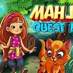 En tegneserieillustrasjon av en jente og en katt i en skog med glødende sopper og sommerfugler, med teksten Mahjong Quest Mania øverst