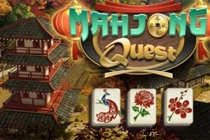 Pagoda-omgivelser med tre mahjong-brikker og teksten Mahjong Quest