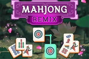 Fargerike mahjong-brikker med blomster- og fuglemønster mot en bakgrunn av rosa blomsterblader