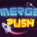 Tegneserieaktig illustrasjon med teksten Merge Push i lyse bokstaver og en rakett med rosa hale mot en mørk bakgrunn