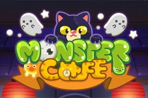 En tegneserieillustrasjon med en svart katt med store gule øyne, to spøkelser, stjerner og teksten Monster Cafe i fargerike bokstaver