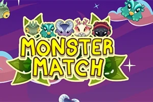 Fargerikt bilde med søte monstre over teksten Monster Match på en lilla bakgrunn med stjerner og skyer