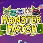 Fargerikt bilde med søte monstre over teksten Monster Match på en lilla bakgrunn med stjerner og skyer
