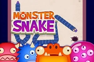 Fargerike tegneseriemonstre og en blå slange med teksten Monster Snake i et lekent design