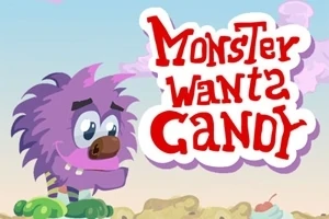 En lilla monsterfigur med store øyne og en rosa nese står ved siden av teksten Monster Wants Candy mot en bakgrunn med godteri