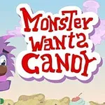 En lilla monsterfigur med store øyne og en rosa nese står ved siden av teksten Monster Wants Candy mot en bakgrunn med godteri