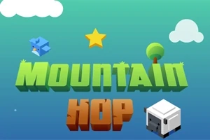 Grønn og blå bakgrunn med teksten Mountain Hop, en stjerne, et tre, en blå fugl og en hvit kubeformet skapning