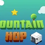 Grønn og blå bakgrunn med teksten Mountain Hop, en stjerne, et tre, en blå fugl og en hvit kubeformet skapning