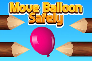 Rosa ballong omgitt av spisse trebiter mot en blå bakgrunn med teksten Move Balloon Safely øverst