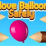 Rosa ballong omgitt av spisse trebiter mot en blå bakgrunn med teksten Move Balloon Safely øverst