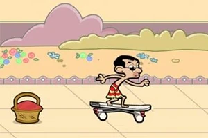 Tegnet karakter på skateboard ved siden av en piknikkurv i en fargerik park