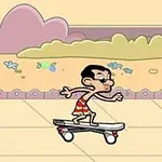 Tegnet karakter på skateboard ved siden av en piknikkurv i en fargerik park