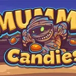 Tegneseriemumie med godteri og teksten Mummy Candies i fargerik skrift